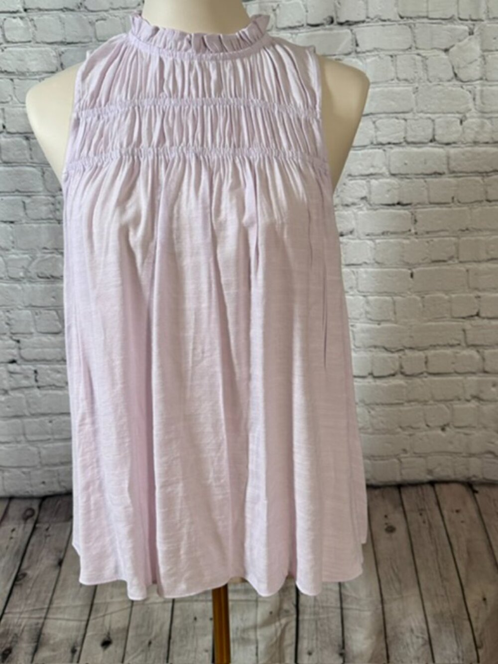 NWT Nine West Smocked High Neck Blouse S Lavender Sleeveless Ruffle